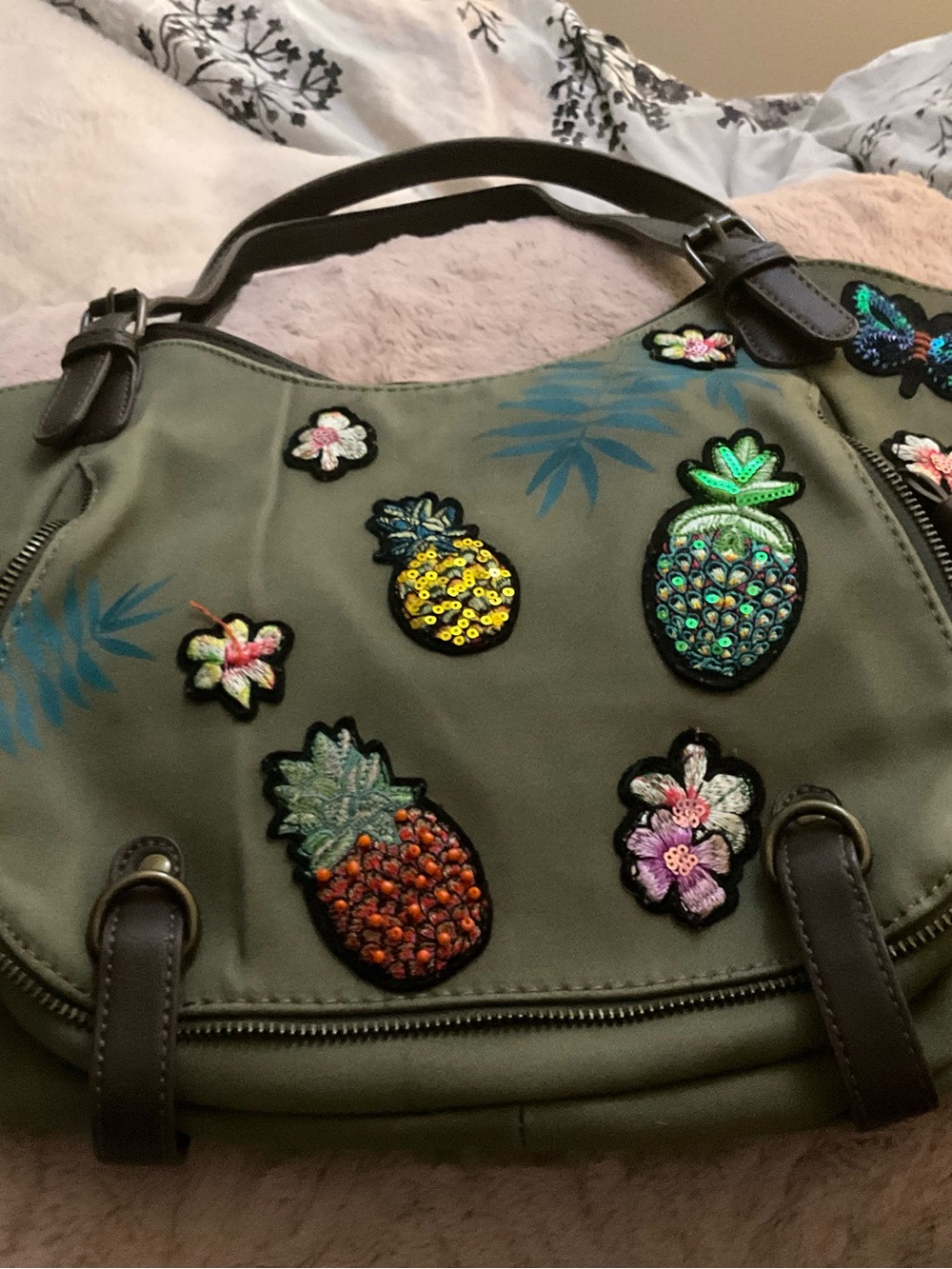 Olive Green Pineapple Sequin Shoulder Bag with Dark Brown Handles